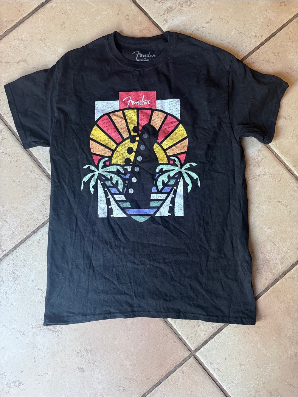 Fender Black Short-Sleeve Tee with Colorful Sunset Guitar Graphic